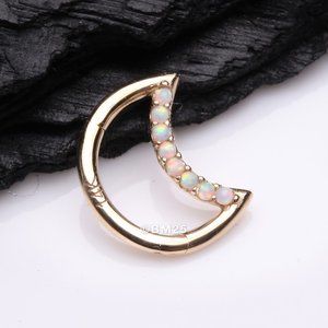 14 Karat Gold Fire Opal Sparkle Lined Crescent Moon Seamless Clicker Hoop Ring